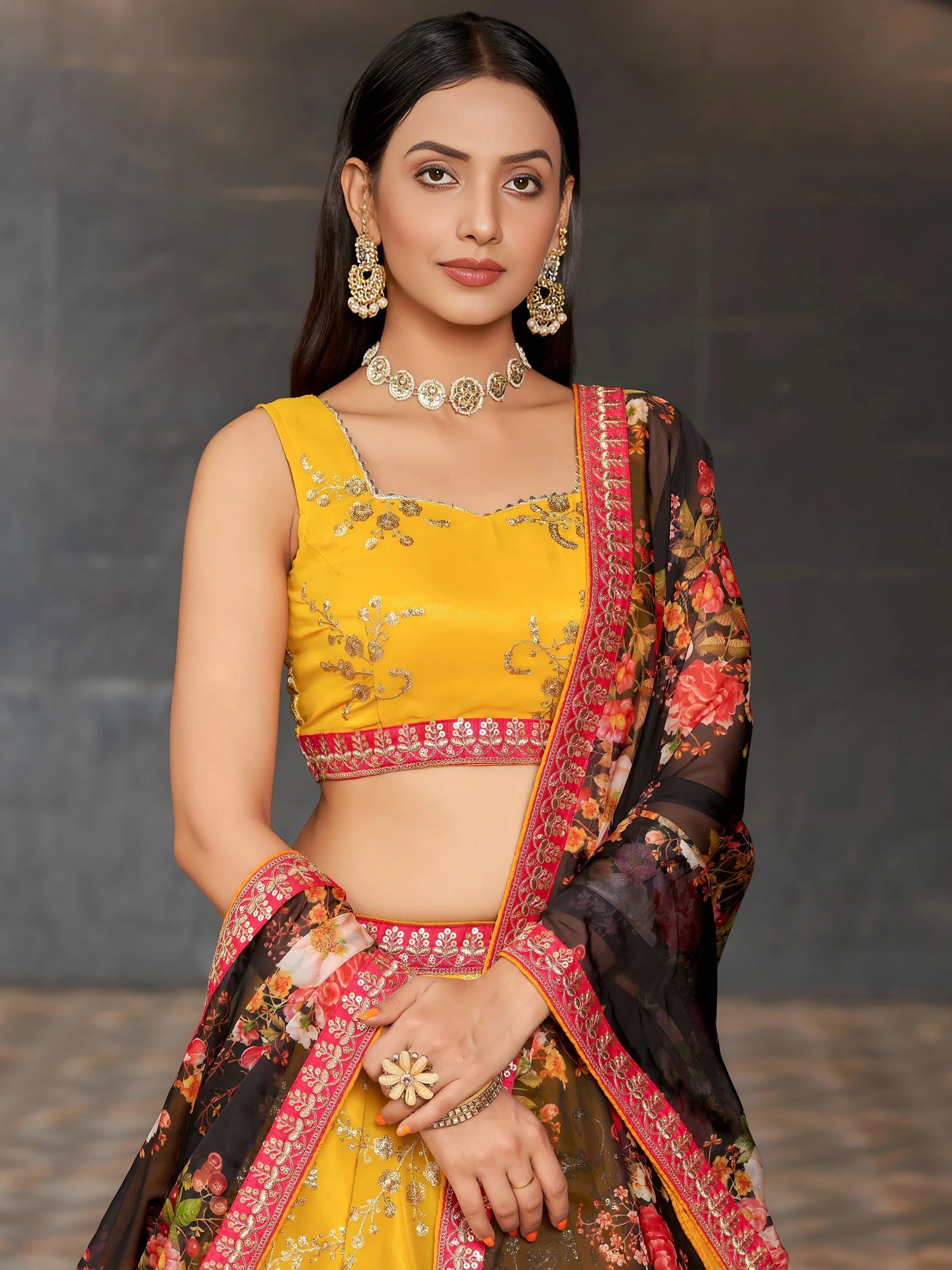 Astonishing Yellow Sequins Georgette Haldi Wear Lehenga Choli