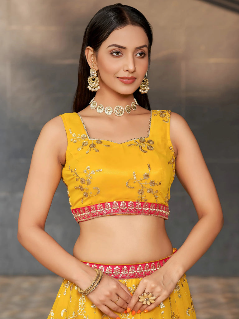 Astonishing Yellow Sequins Georgette Haldi Wear Lehenga Choli