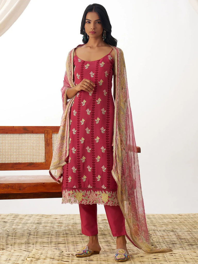 Beautiful Red Thread Embroidery Organza Party Wear Straight Suit