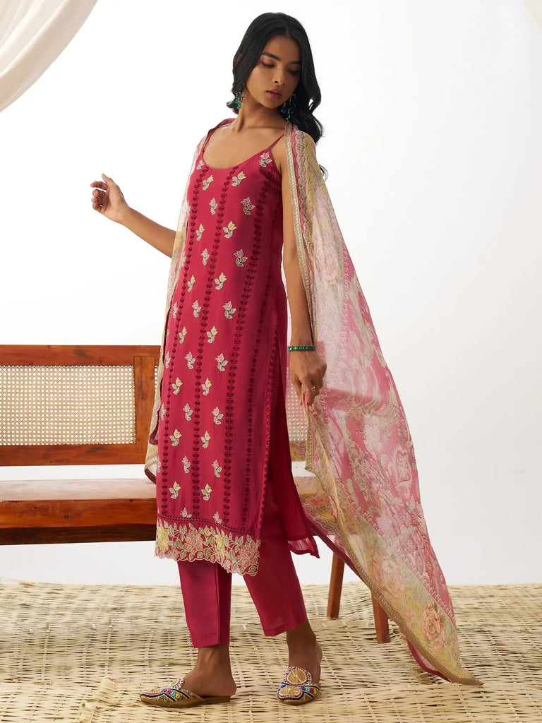 Beautiful Red Thread Embroidery Organza Party Wear Straight Suit