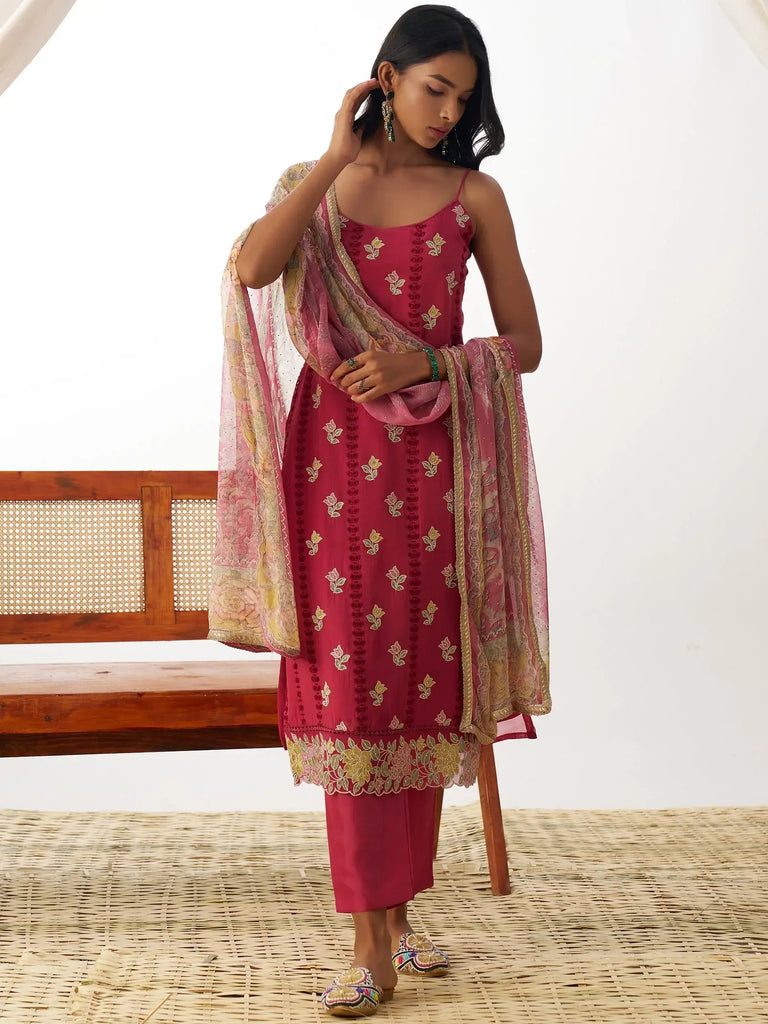 Beautiful Red Thread Embroidery Organza Party Wear Straight Suit