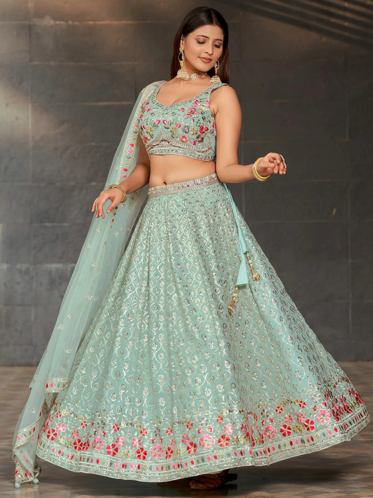 Awesome Sky-Blue Sequins Georgette Engagement Wear Lehenga Choli