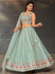 Awesome Sky-Blue Sequins Georgette Engagement Wear Lehenga Choli
