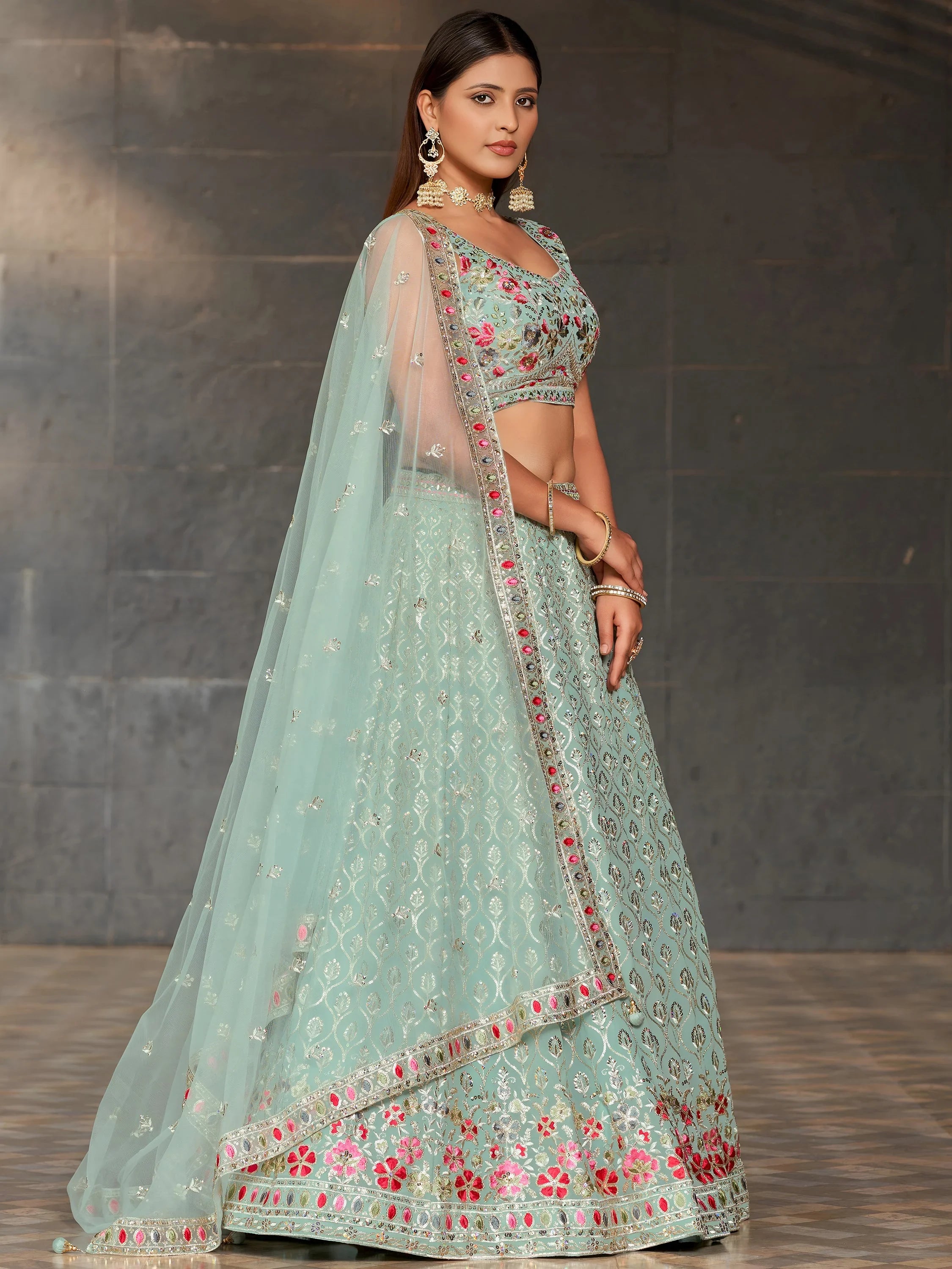 Awesome Sky-Blue Sequins Georgette Engagement Wear Lehenga Choli