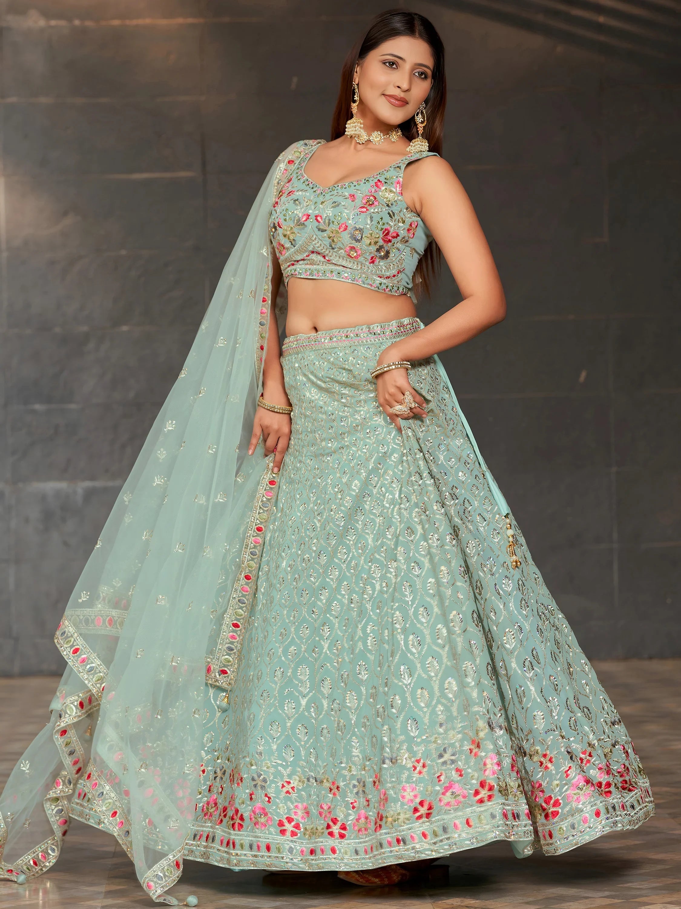 Awesome Sky-Blue Sequins Georgette Engagement Wear Lehenga Choli