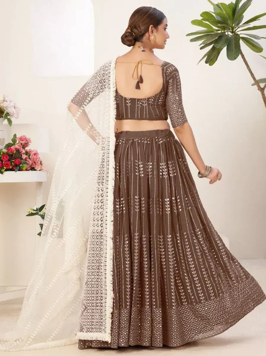 Brown embroidered lehenga choli with white dupatta, back view, ethnic wear for women