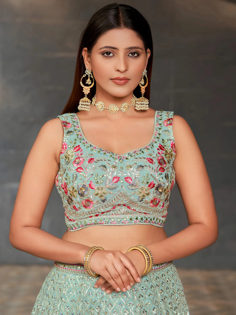 Awesome Sky-Blue Sequins Georgette Engagement Wear Lehenga Choli