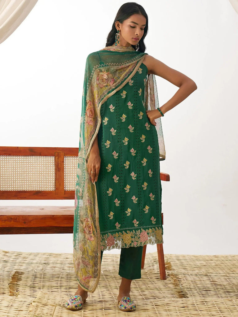 Wonderful Green Thread Embroidery Organza Mehendi Wear Straight Suit
