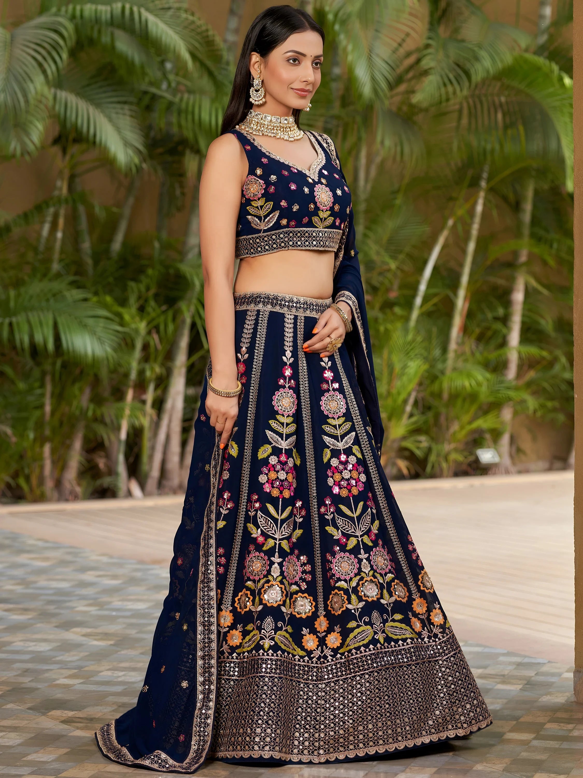 Amazing Navy Blue Thread Embroidered Georgette Lehenga Choli