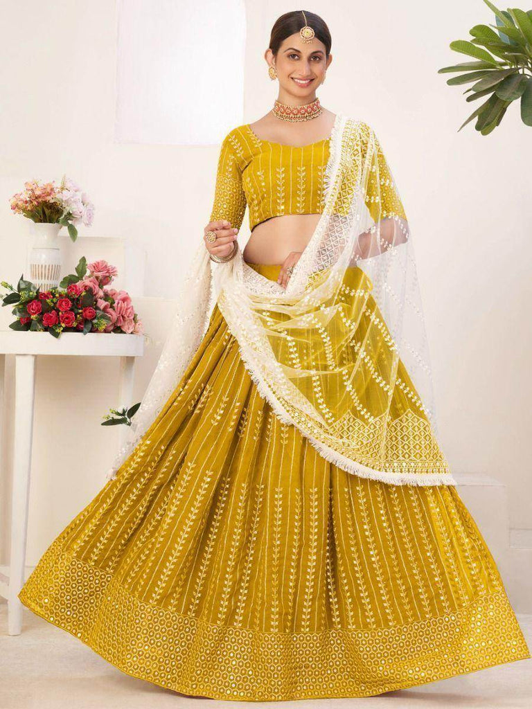Abundant Mustard Sequins Embroidery Georgette Lehenga Choli
