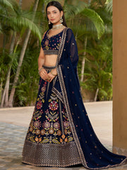 Amazing Navy Blue Thread Embroidered Georgette Lehenga Choli