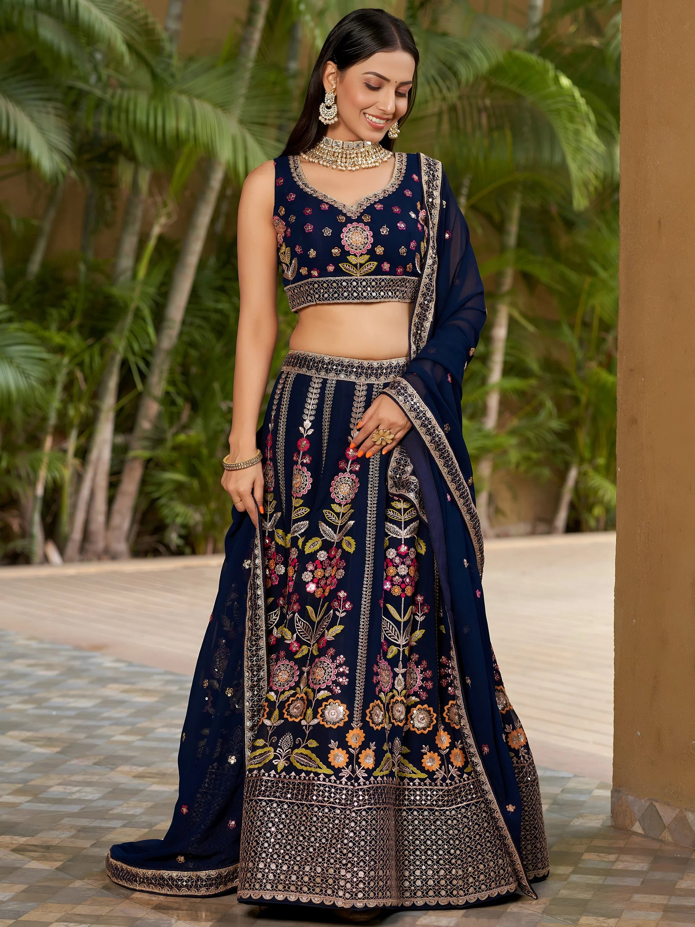 Amazing Navy Blue Thread Embroidered Georgette Lehenga Choli