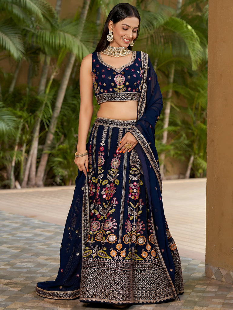 Amazing Navy Blue Thread Embroidered Georgette Lehenga Choli