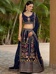 Amazing Navy Blue Thread Embroidered Georgette Lehenga Choli