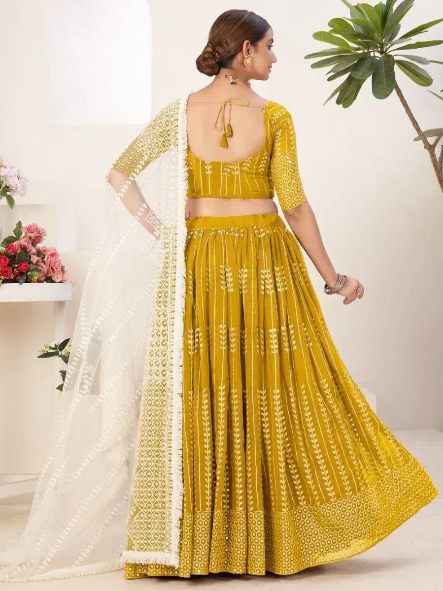 Yellow printed lehenga choli with white dupatta, ethnic wear for women
