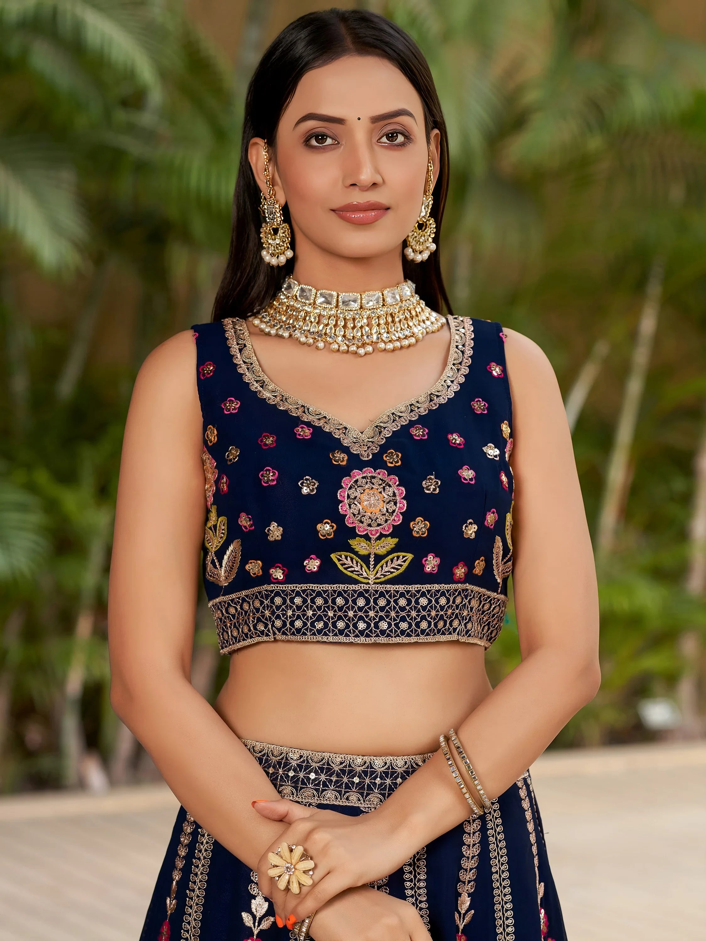 Amazing Navy Blue Thread Embroidered Georgette Lehenga Choli