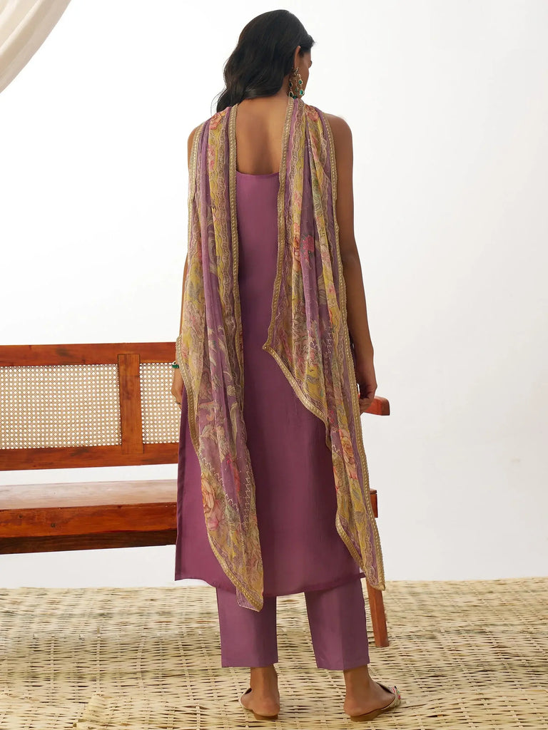 Magnetic Purple Thread Embroidery Organza Traditional Straight Suit
