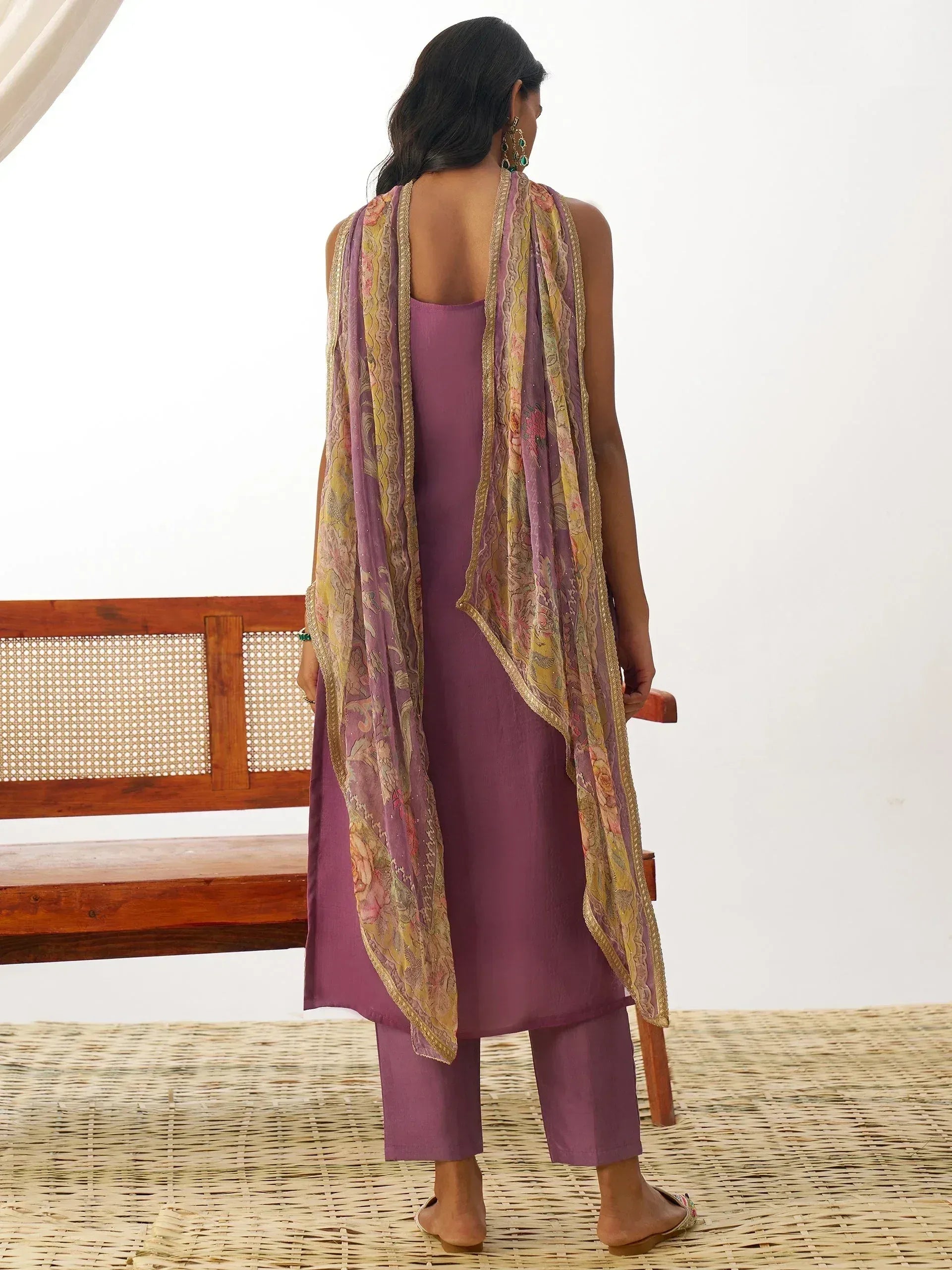 Purple ethnic kurta set with floral dupatta, perfect for Indian wear and festive occasions.
