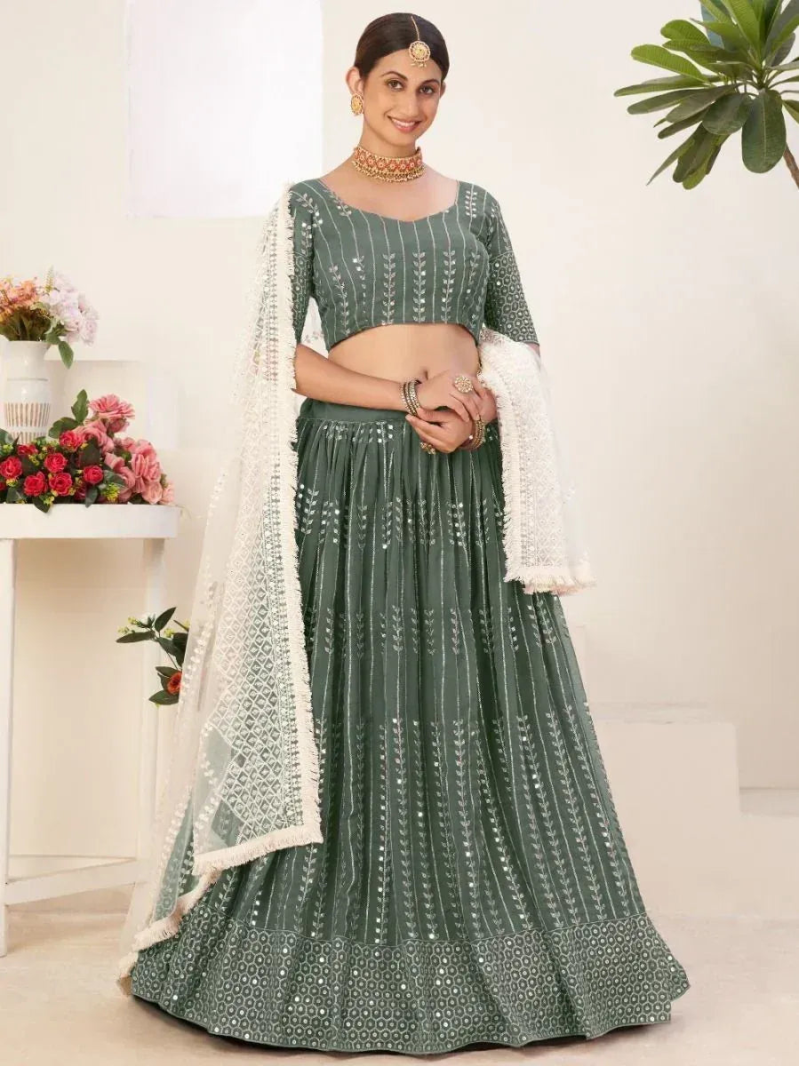 Green embroidered lehenga choli with white dupatta, Indian ethnic wear for women