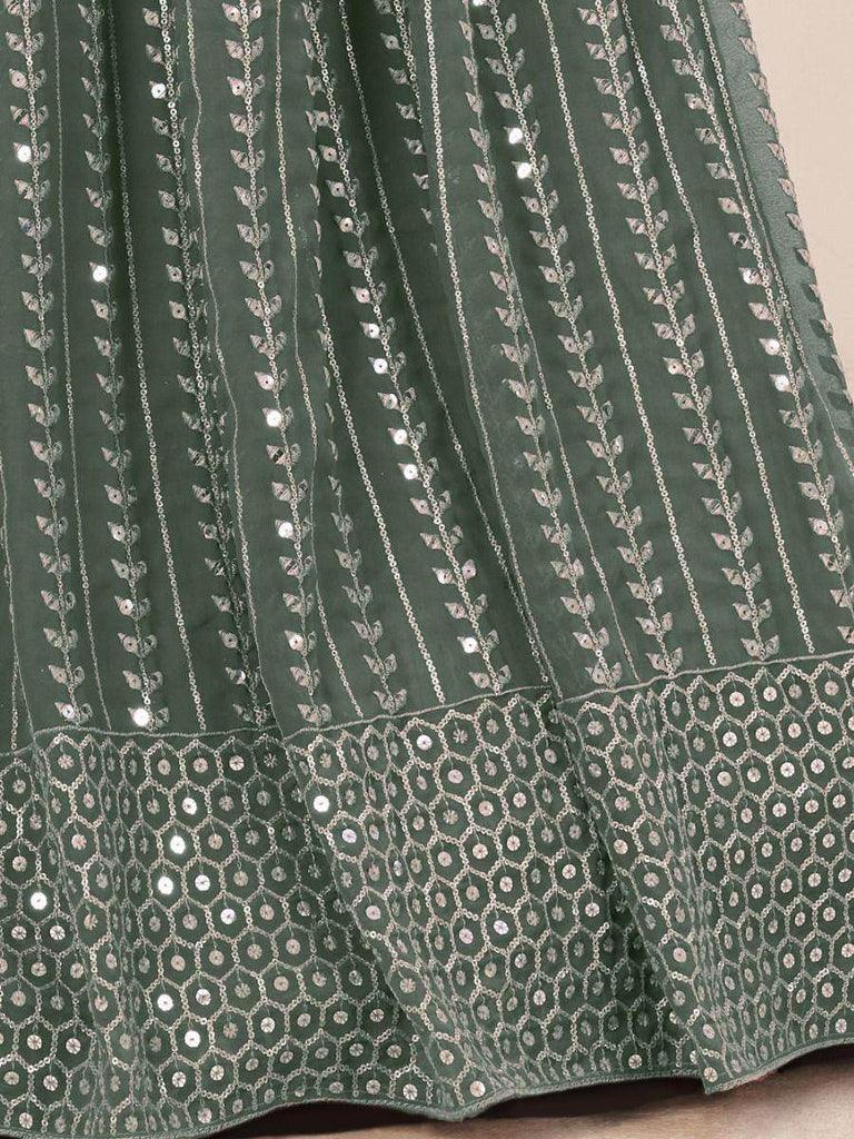 Prominent Sage Green Sequins Embroidery Georgette Lehenga Choli
