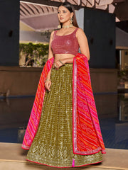 Marvelous Olive Green Sequins Georgette Sangeet Wear Lehenga Choli