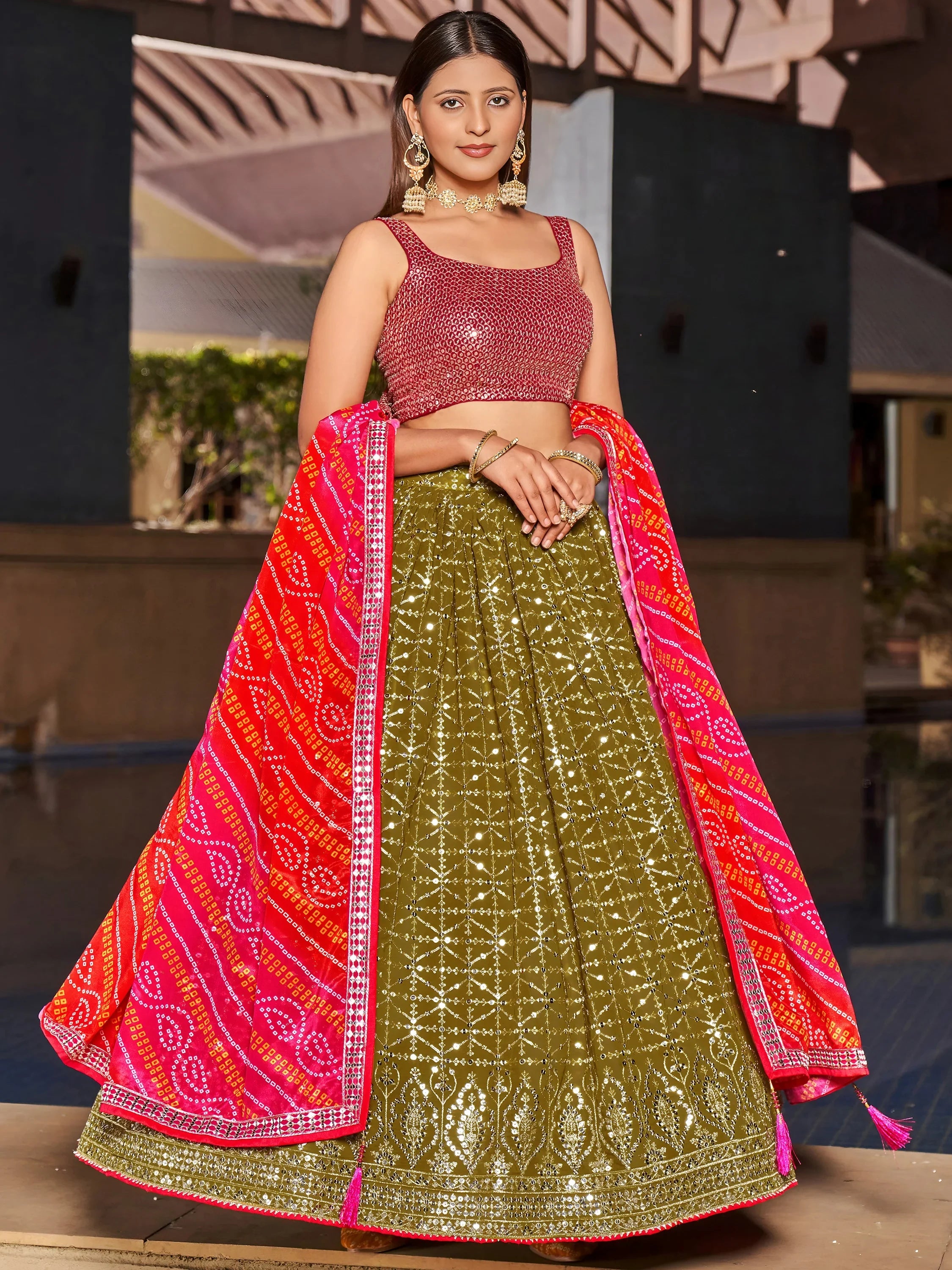 Marvelous Olive Green Sequins Georgette Sangeet Wear Lehenga Choli