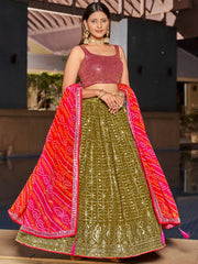 Marvelous Olive Green Sequins Georgette Sangeet Wear Lehenga Choli