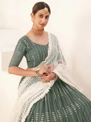 Prominent Sage Green Sequins Embroidery Georgette Lehenga Choli