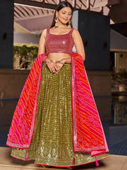 Marvelous Olive Green Sequins Georgette Sangeet Wear Lehenga Choli