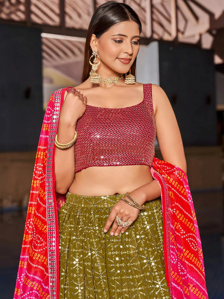 Marvelous Olive Green Sequins Georgette Sangeet Wear Lehenga Choli