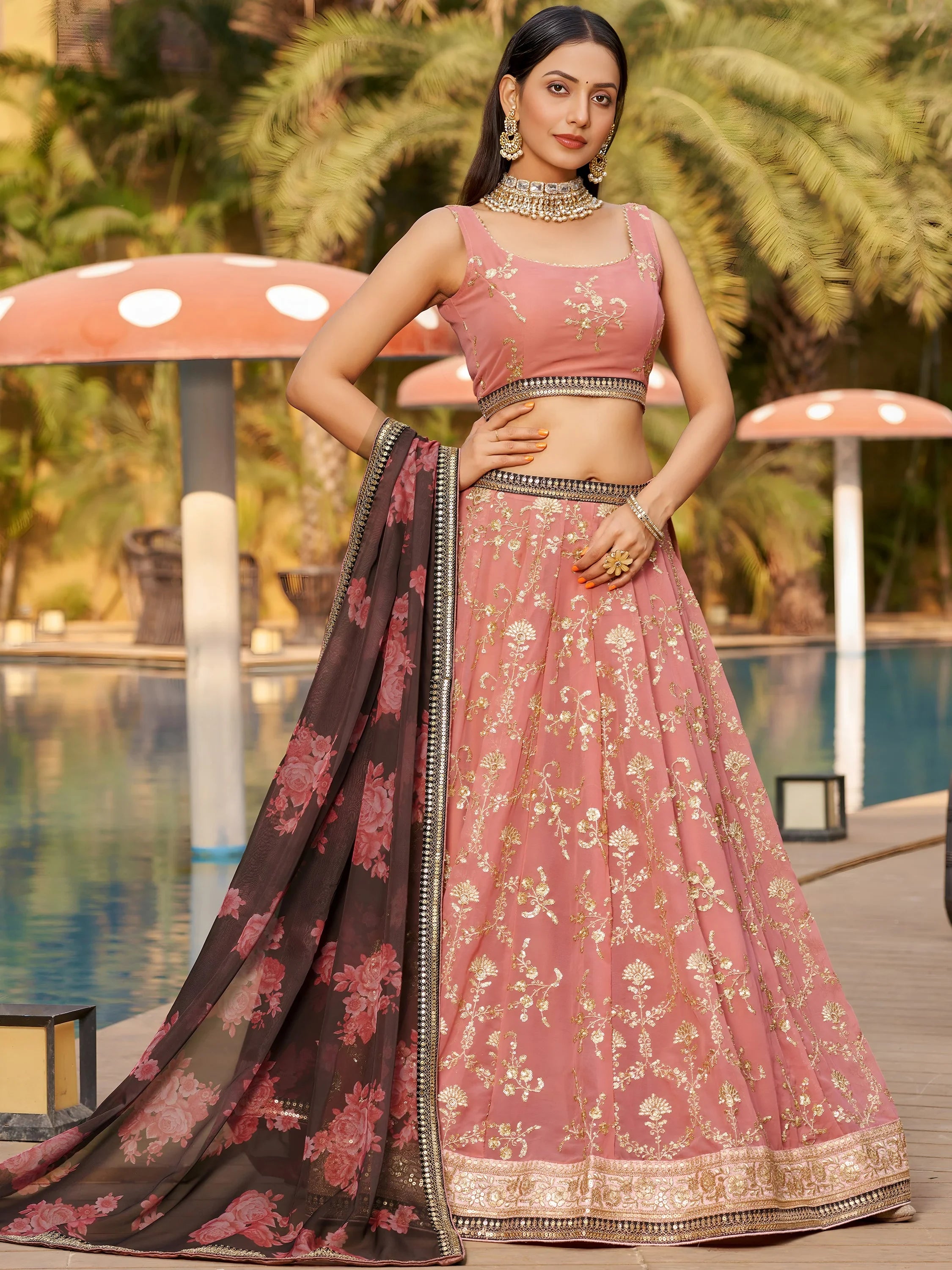 Wonderful Pink Thread Work Georgette Function Wear Lehenga Choli