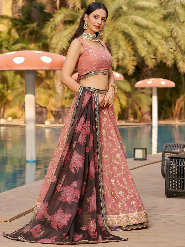 Wonderful Pink Thread Work Georgette Function Wear Lehenga Choli