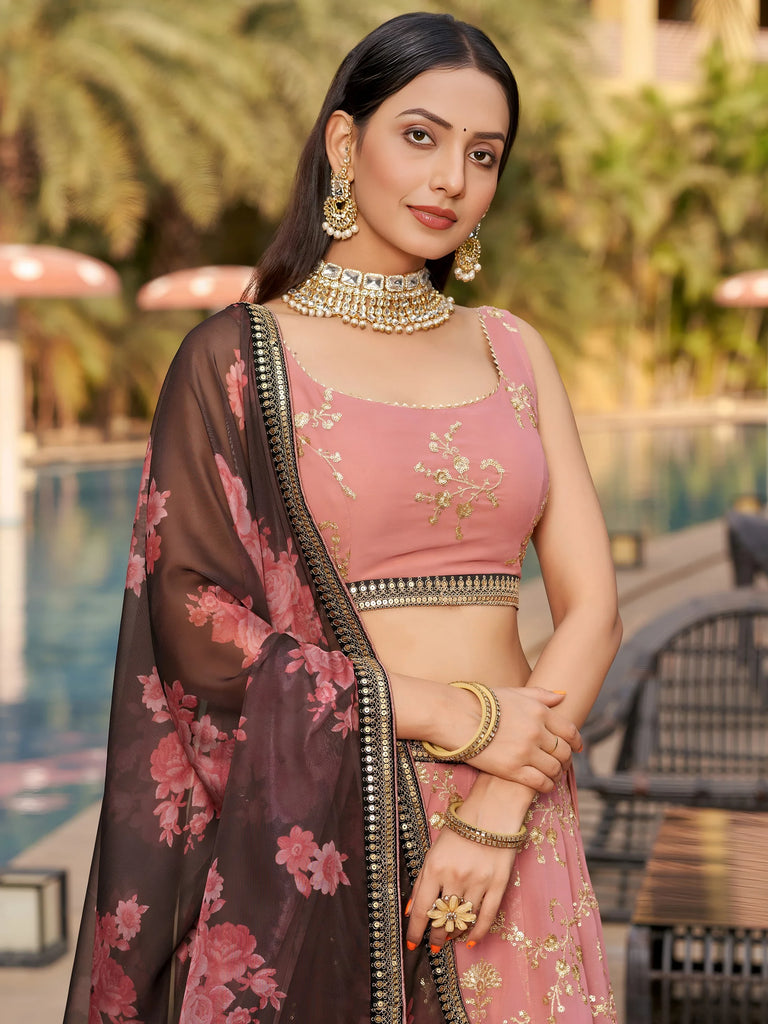 Wonderful Pink Thread Work Georgette Function Wear Lehenga Choli