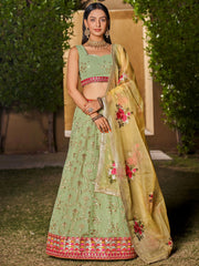 Incredible Pista Green Sequins Georgette Lehenga Choli With Dupatta