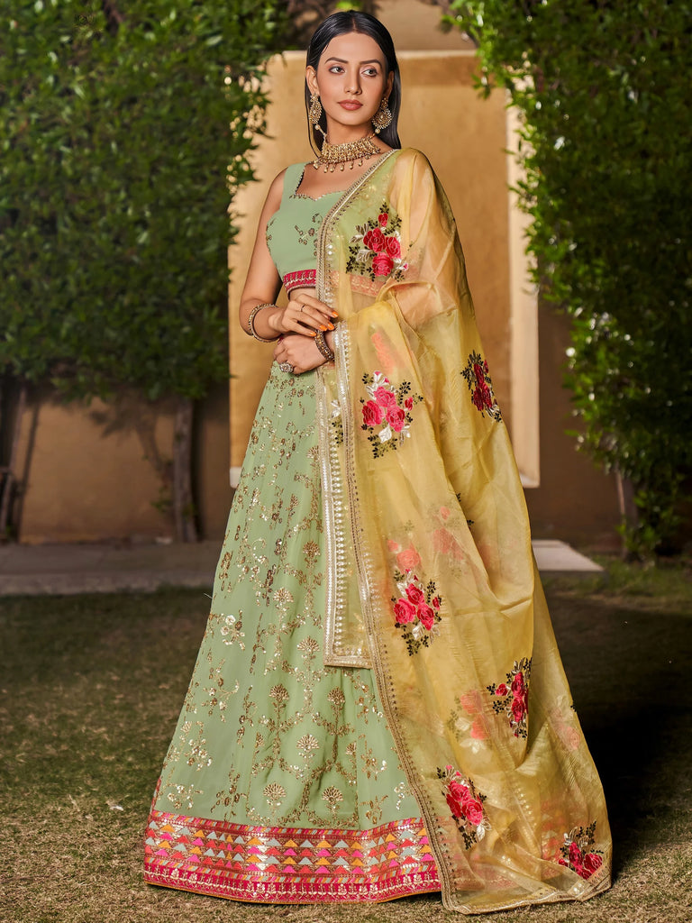 Incredible Pista Green Sequins Georgette Lehenga Choli With Dupatta