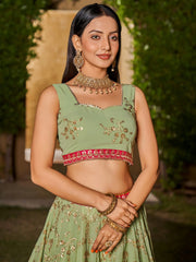 Incredible Pista Green Sequins Georgette Lehenga Choli With Dupatta