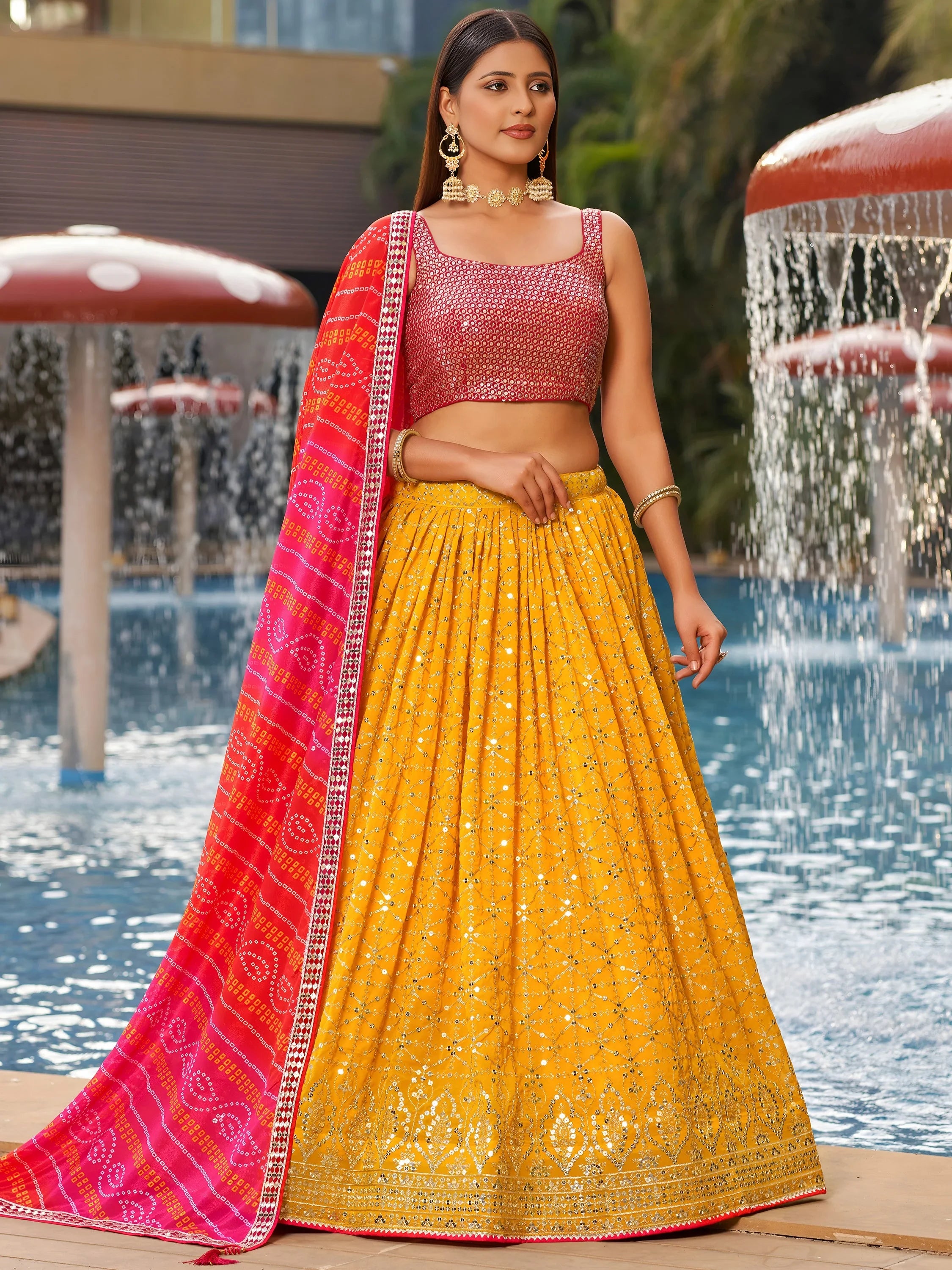 Gorgeous Yellow Sequins Georgette Haldi Wear Lehenga Choli