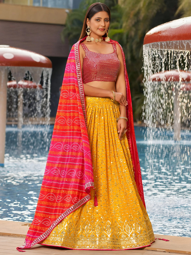 Gorgeous Yellow Sequins Georgette Haldi Wear Lehenga Choli