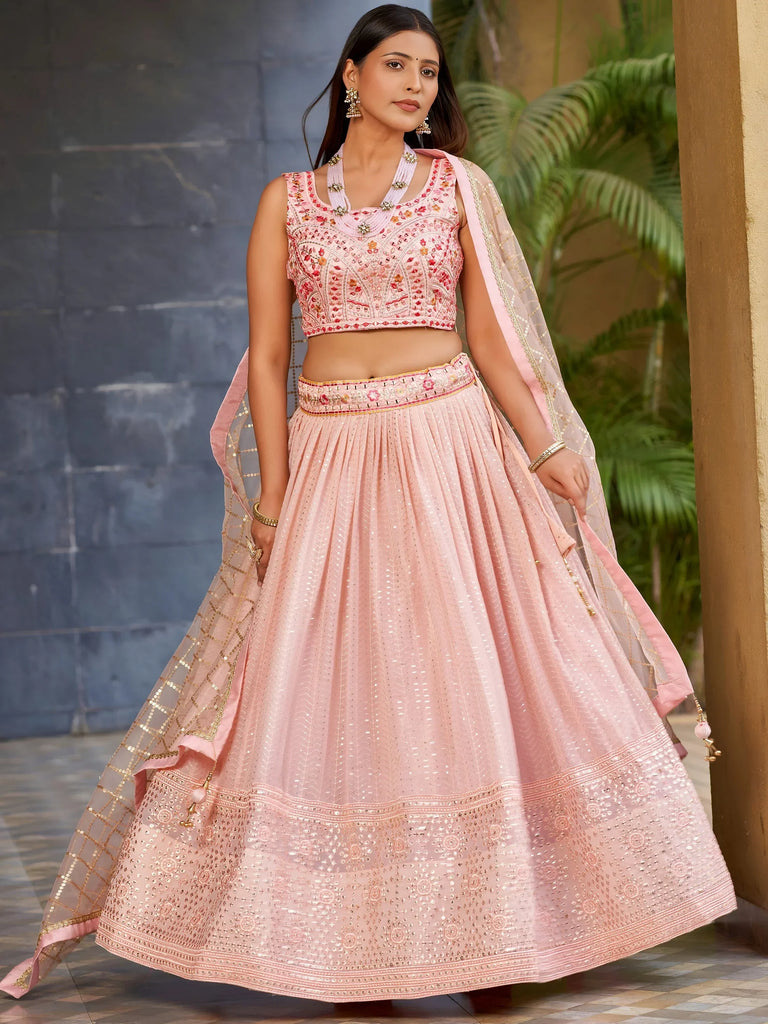 Beautiful Pink Sequins Art Silk Bridesmaid Lehenga Choli With Dupatta