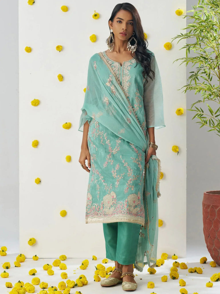 Adorable Pista Green Thread Embroidered Organza Silk Pant Suit With dupatta