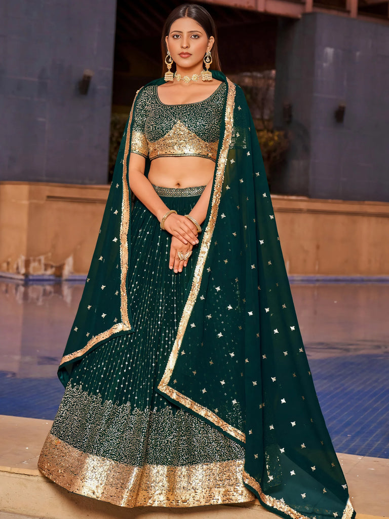 Stunning Green Sequins Georgette Reception Wear Lehenga Choli