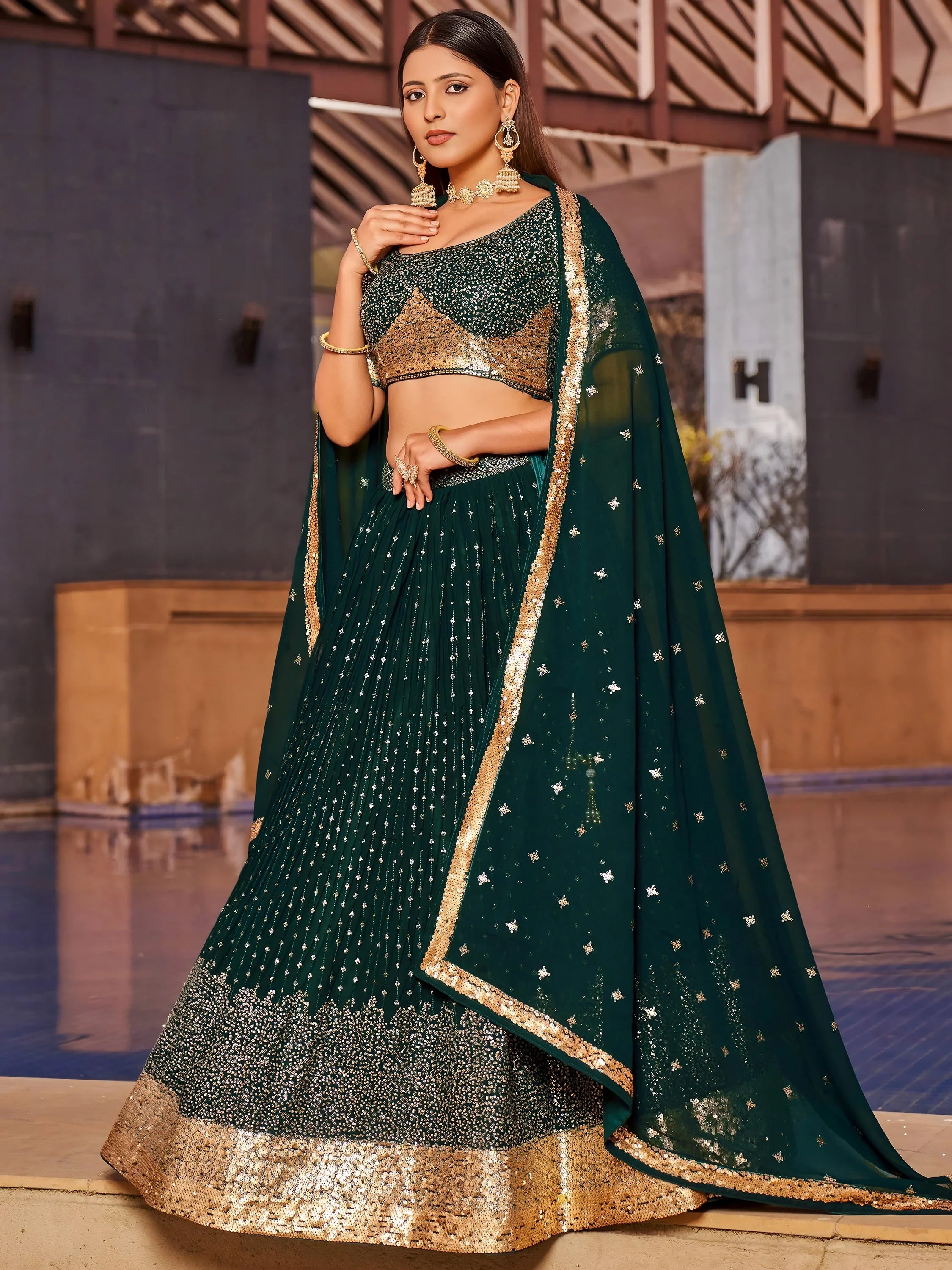 Stunning Green Sequins Georgette Reception Wear Lehenga Choli