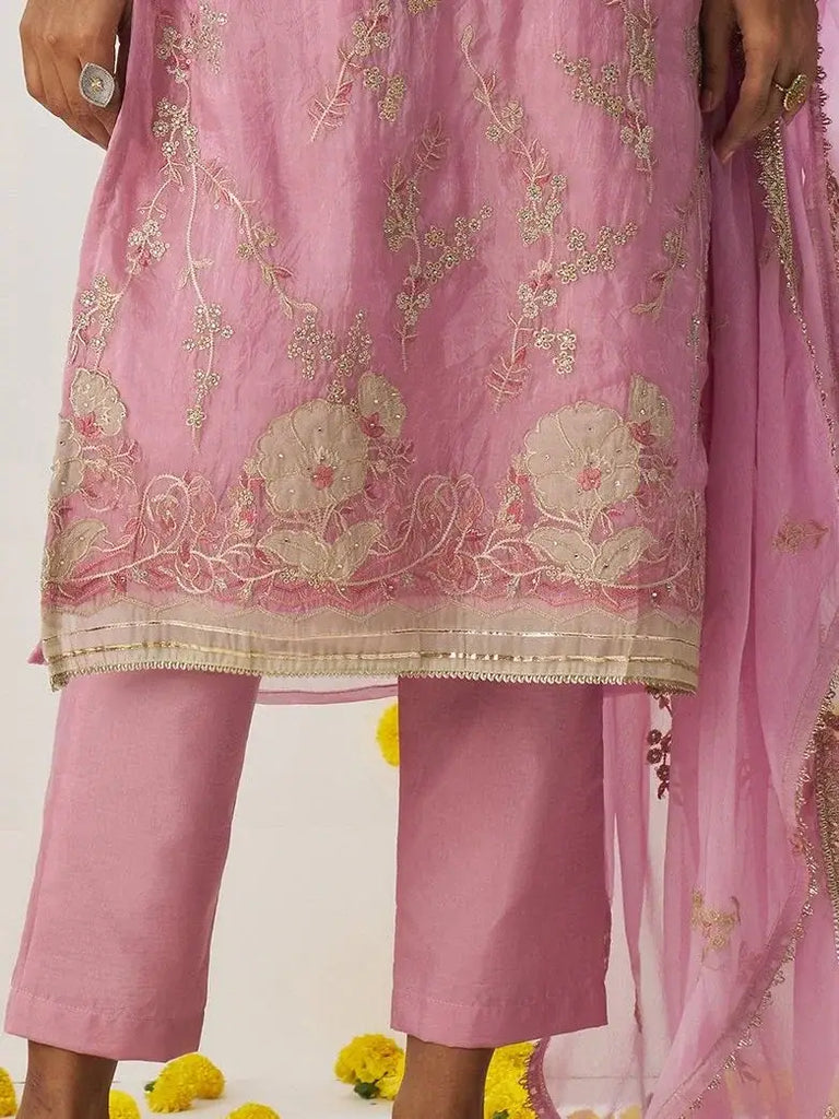 Spectacular Pink Thread Embroidered Organza Silk Party Wear Pant Suit