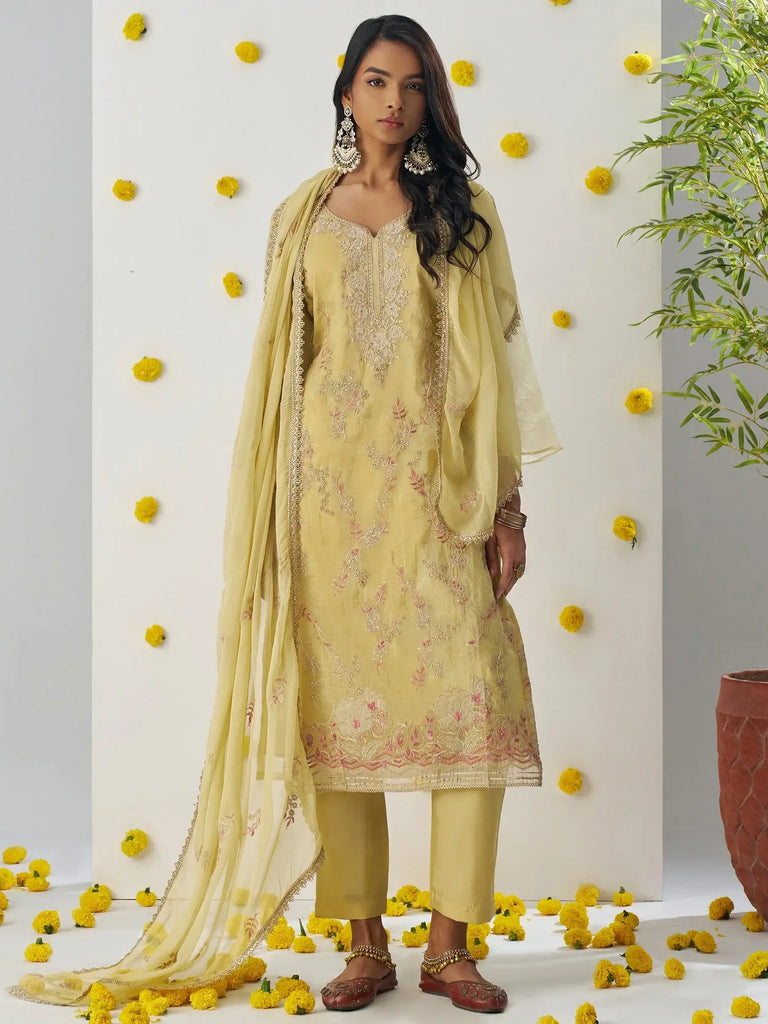 Wonderful Yellow Thread Embroidered Organza Silk Haldi Wear Pant Suit