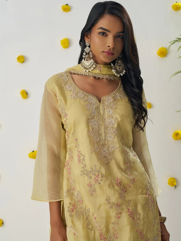 Wonderful Yellow Thread Embroidered Organza Silk Haldi Wear Pant Suit