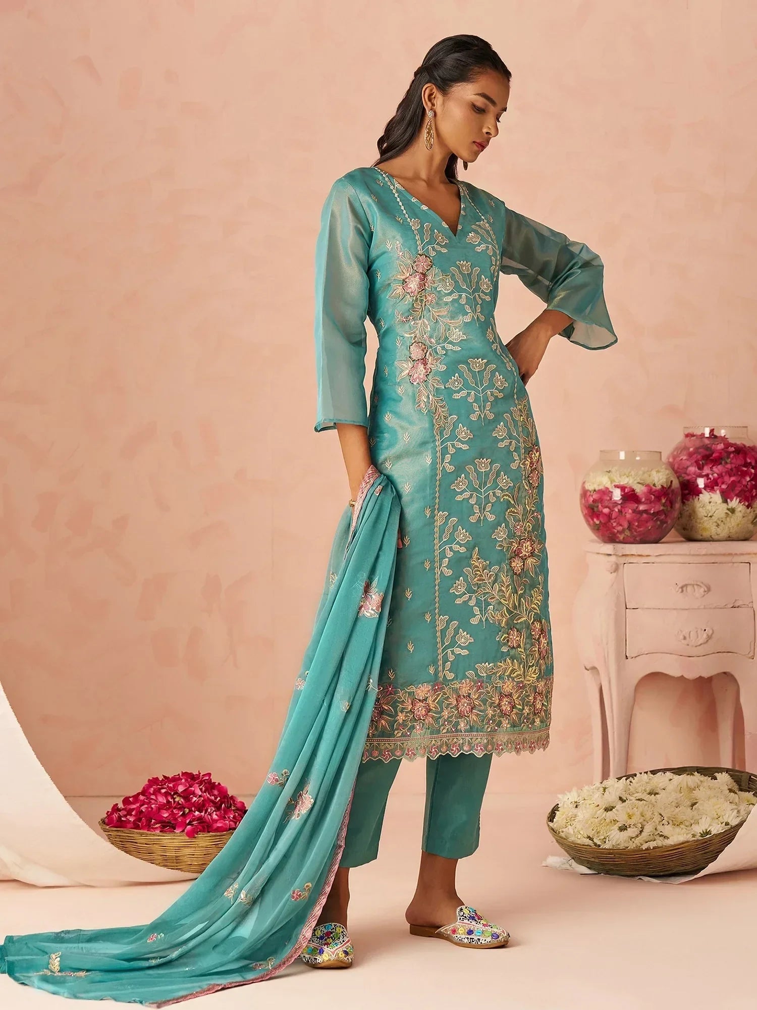 Dazzling Blue Embroidered Organza Festive Wear Straight Suit