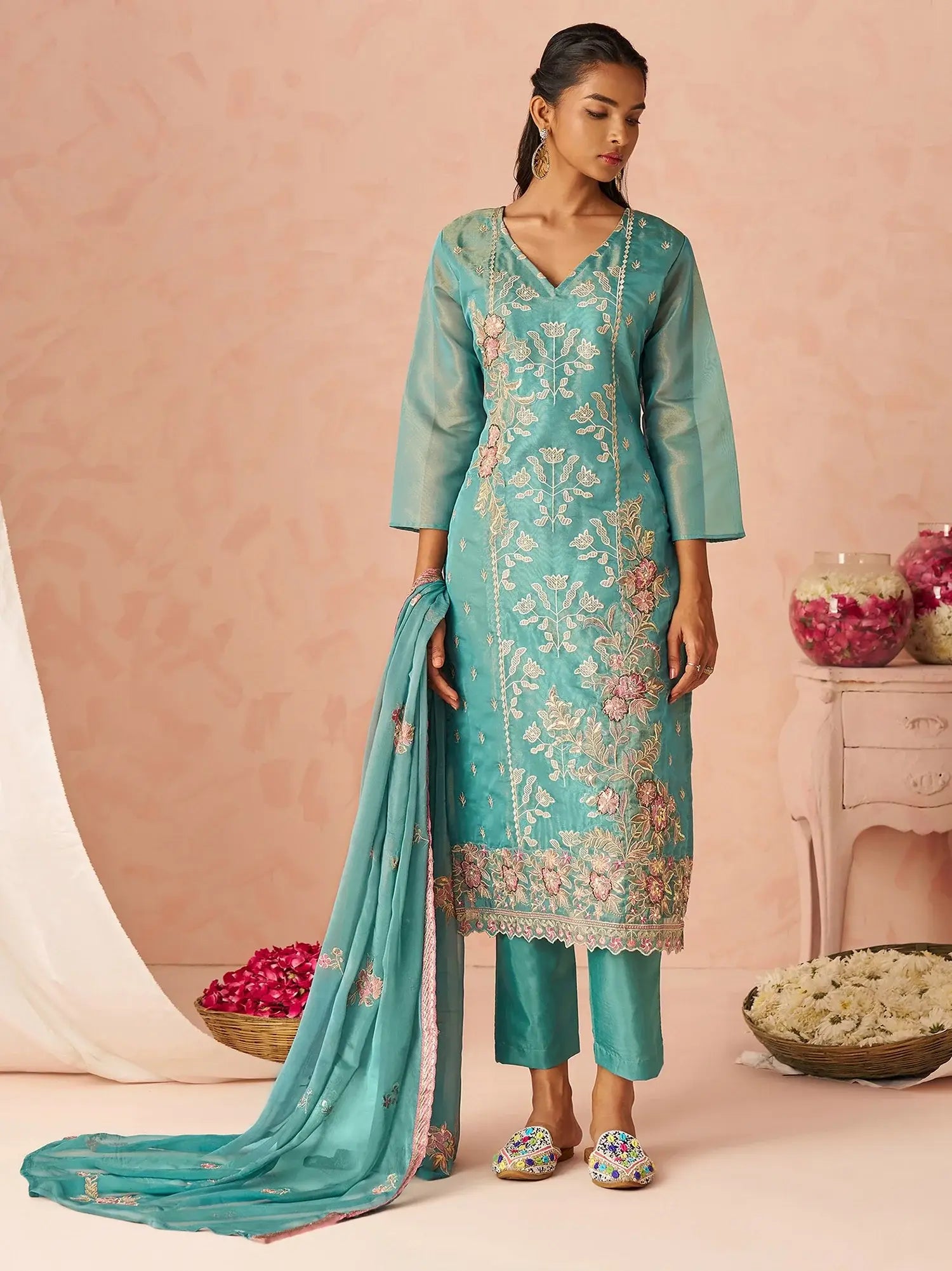 Dazzling Blue Embroidered Organza Festive Wear Straight Suit