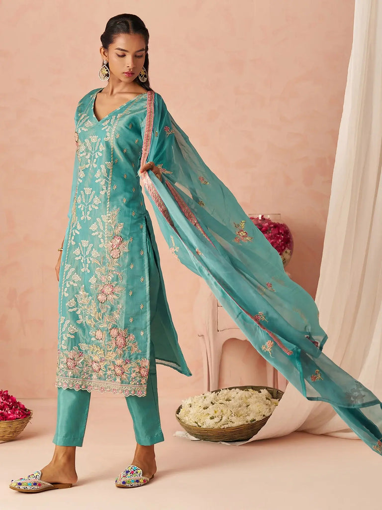 Dazzling Blue Embroidered Organza Festive Wear Straight Suit
