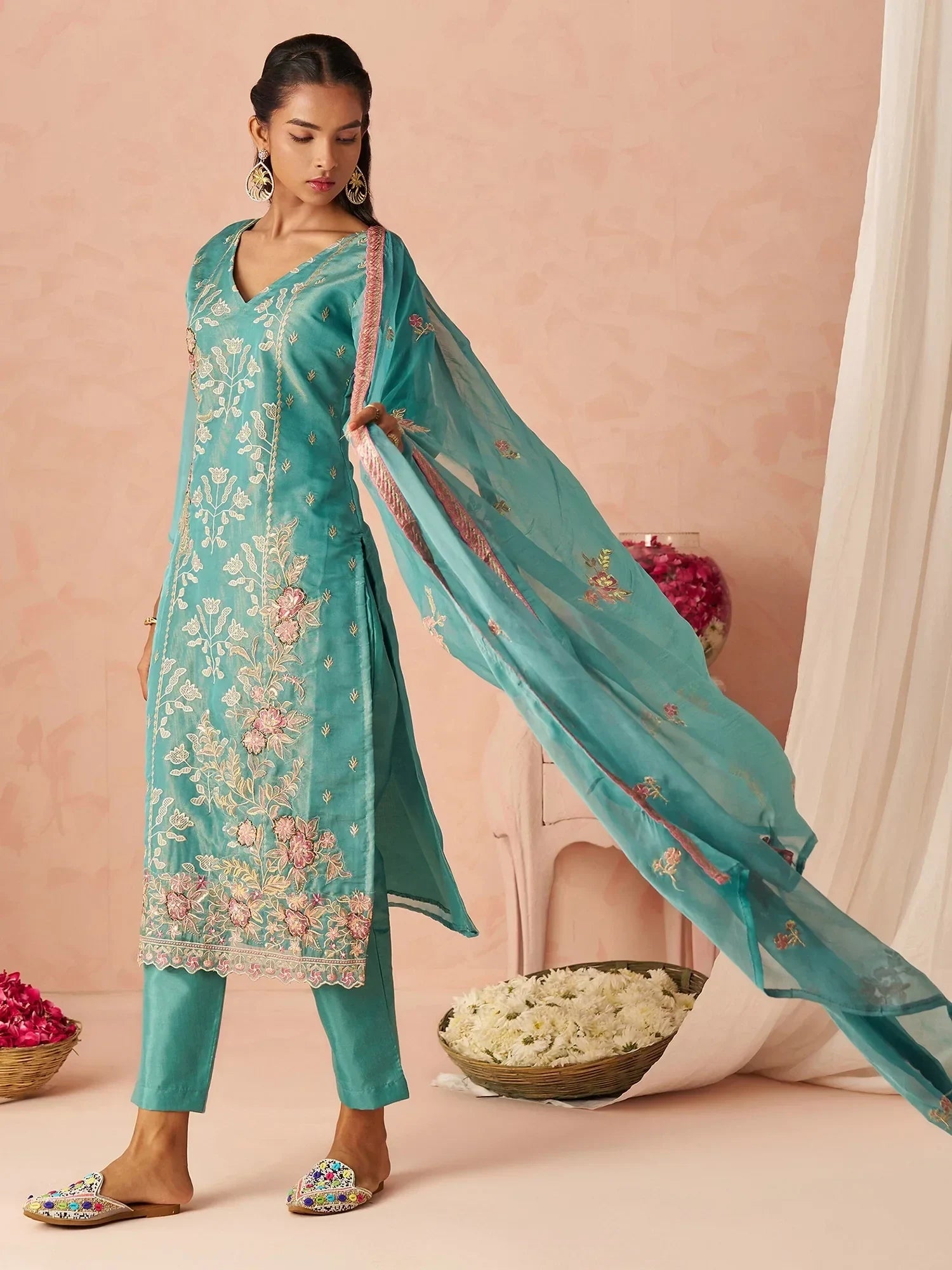 Dazzling Blue Embroidered Organza Festive Wear Straight Suit