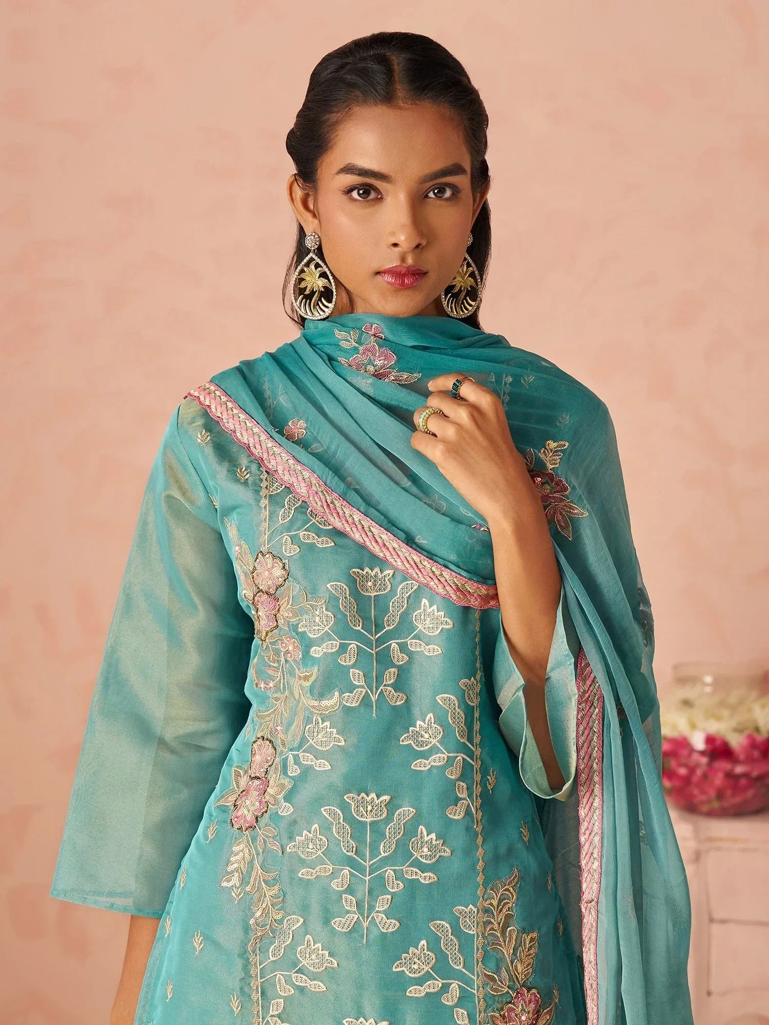 Dazzling Blue Embroidered Organza Festive Wear Straight Suit